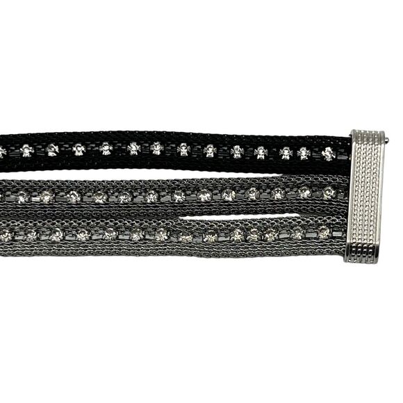 Silver Gray Black Tone Mesh Clear Rhinestone 3 Strand Cuff Statement Bracelet 7” - Picture 7 of 9